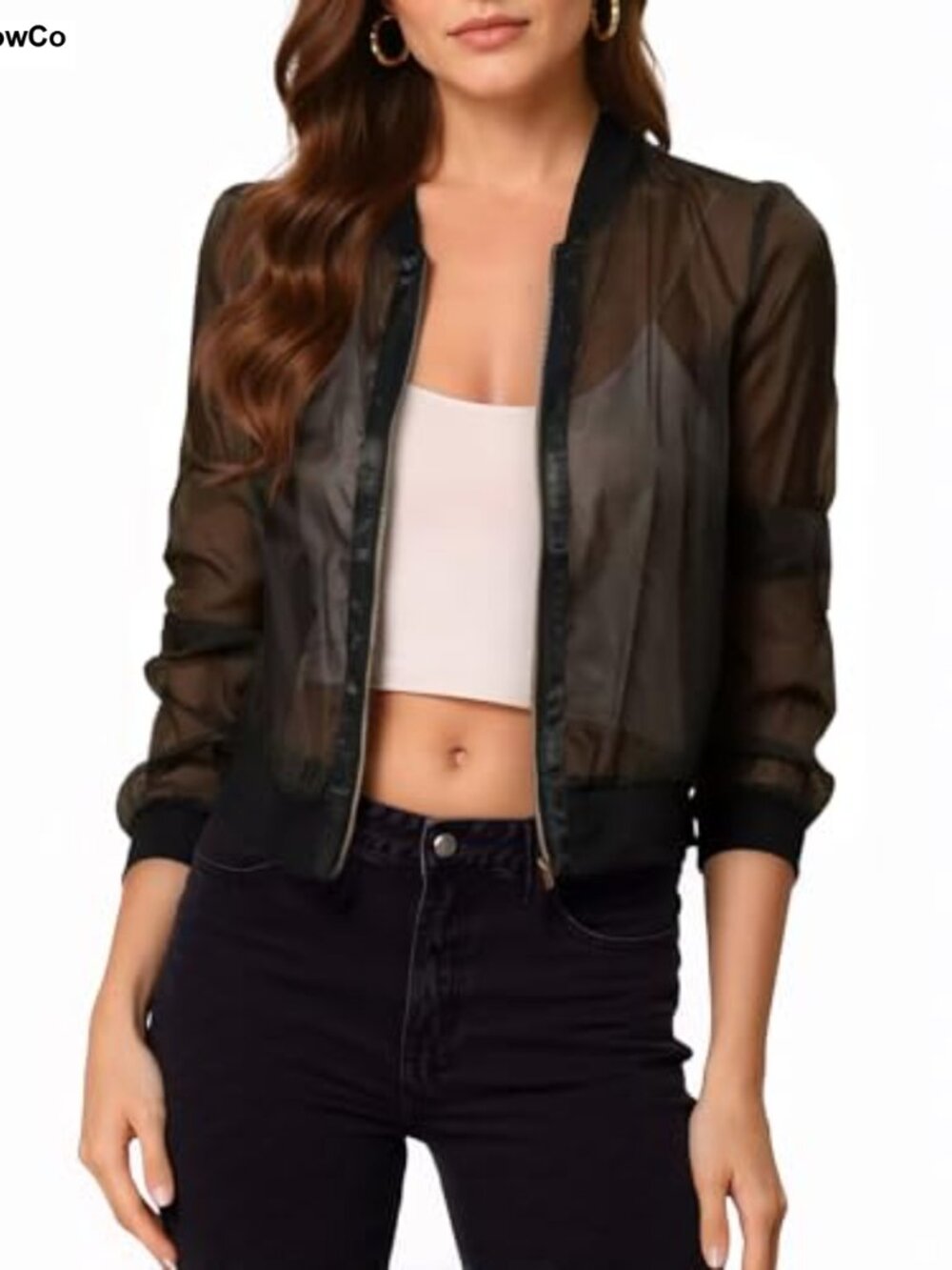 Sheer Mesh Crop Bomber Jacket Lightweight Zip Up Long Sleeve